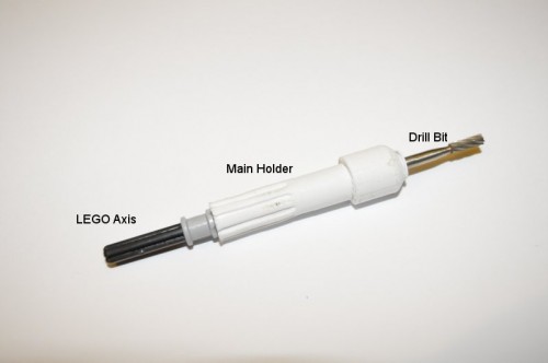The custom drill chuck was built using a 3D-printed hand drill with a Lego axle attached on its rear.  
