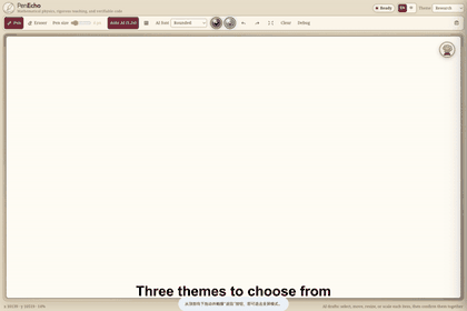 Animated preview of the PenEcho interface with the Research theme and available canvas themes